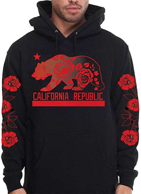 CaliDesign Men's California republic Roses Hoodie Sleeve Pullover Sweatshirt