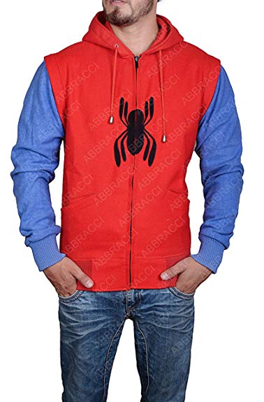 Abbracci Mens Red and Blue Spider Logo Hoodie Zipper Style Superhero Hood with Detectable Sleeves ►Limited Edition◄